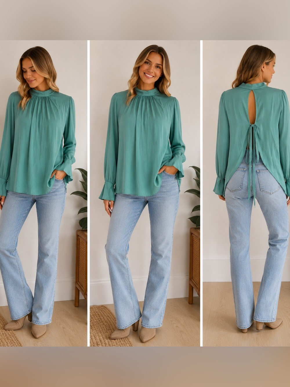 Free People Teal Turquoise Blouse. Tie Back. Sz. M
